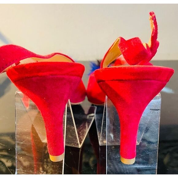 Franco Sarto Suede Slingback Heels Size 8.5 M NWT 3" Heel Red With Faux Fur Poof - Picture 8 of 11